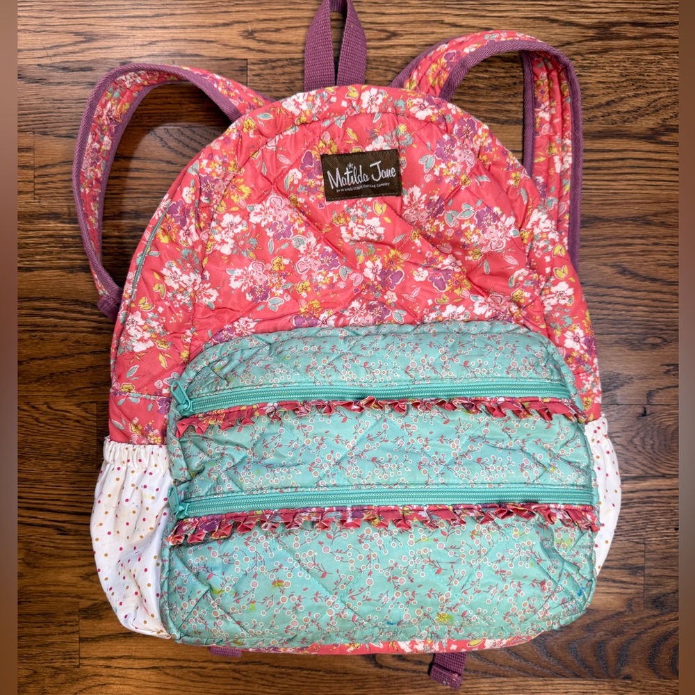 Matilda Jane Scholarly Floral Ruffled Coral And Teal Quilted Girls Backpack